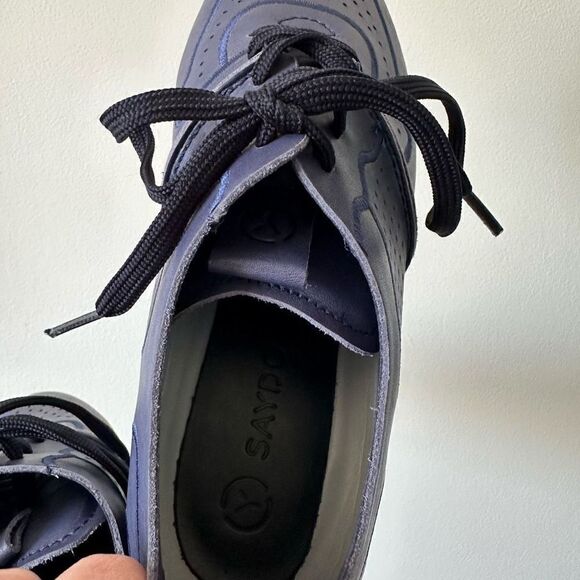 Saydo Women’s Navy Perforated Leather Lace up Monochromatic Dress Sneaker - Picture 8 of 9